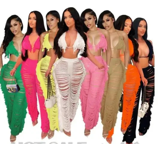 Maya Sexy Beach Tassel Crop Hole Wide Leg Two Piece Sets
