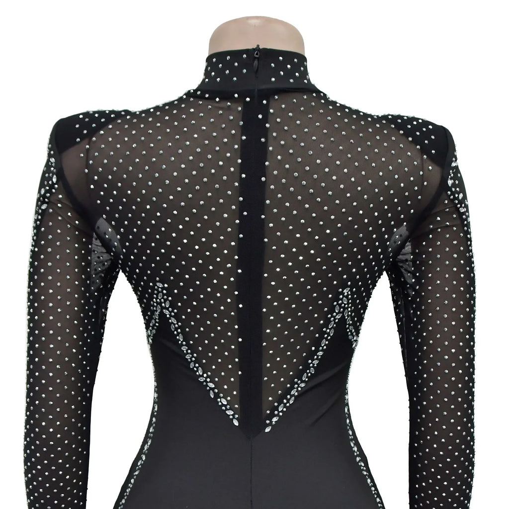 Upper West Sparkly Rhinestone Perform Costume Long Sleeve Sheer Mesh Jumpsuit