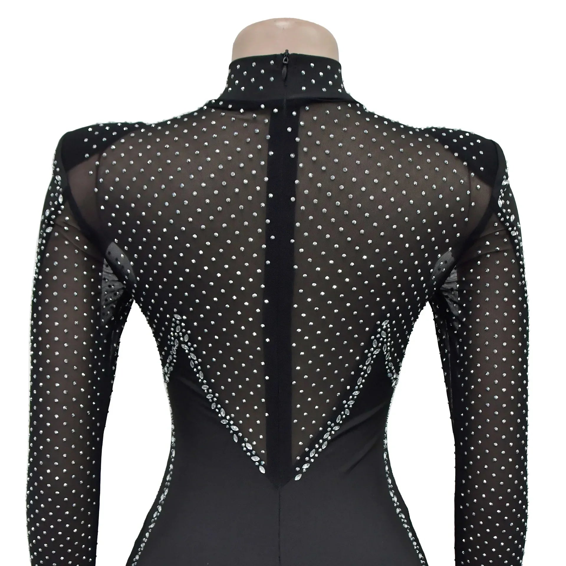 Upper West Sparkly Rhinestone Perform Costume Long Sleeve Sheer Mesh Jumpsuit