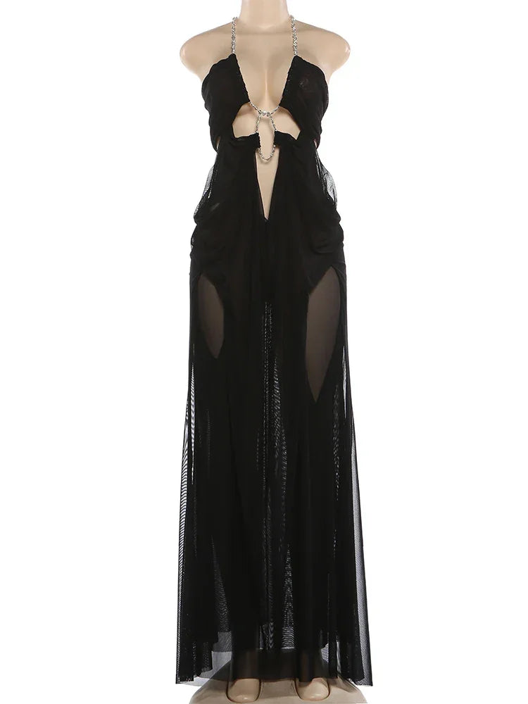 Pine Plains Sexy See Through Luxury Chain Halter Low Neck Backless Dress