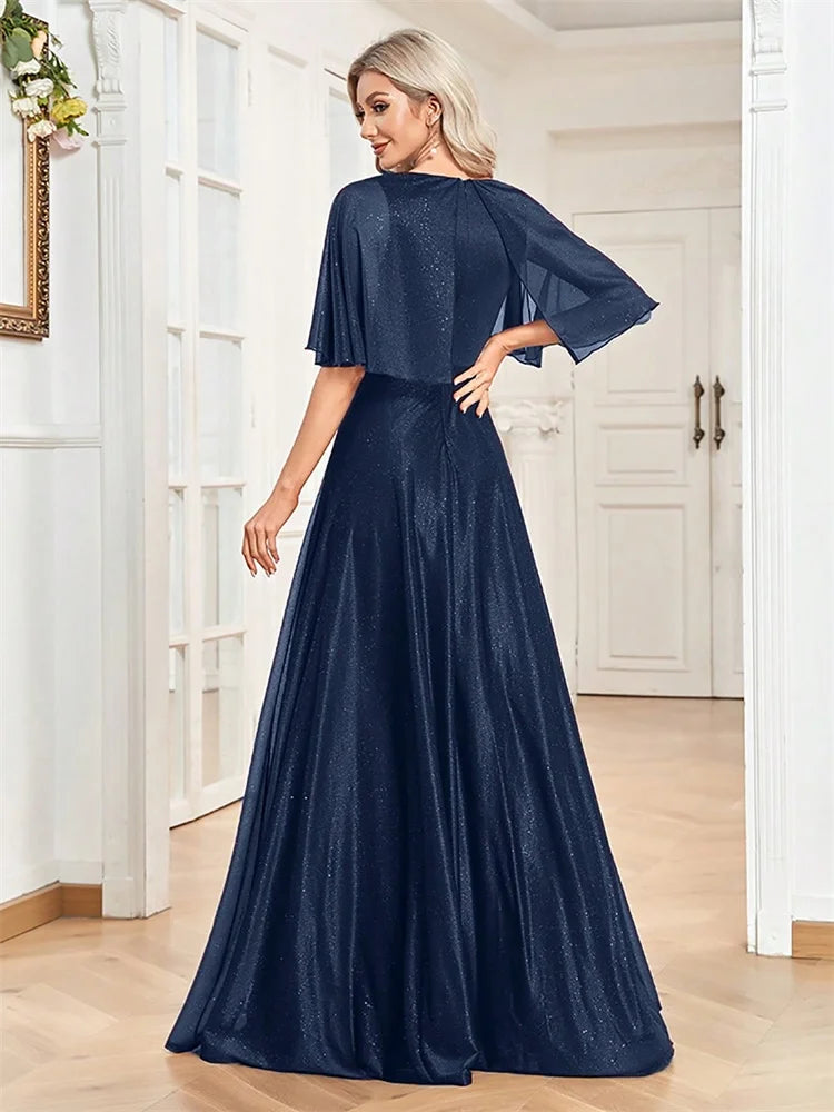 Pocono Elegant Shining Bat Sleeve Formal Evening Luxury A-line Gowns Dress