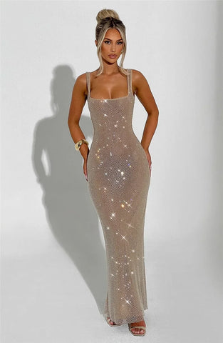 Bellport Sequins Backless Gown Sparkle Square Collar Sleeveless Bodycon Long Dress