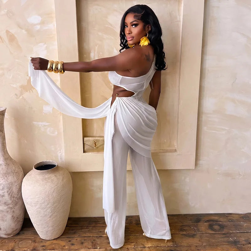 Alabama Mesh See Through One Shoulder Cutout Waist Jumpsuit Draped Overlay