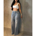 Venus Allover Rhinestone Decor High Waist Zipper Fly Casual Wide Leg Loose Fit Denim