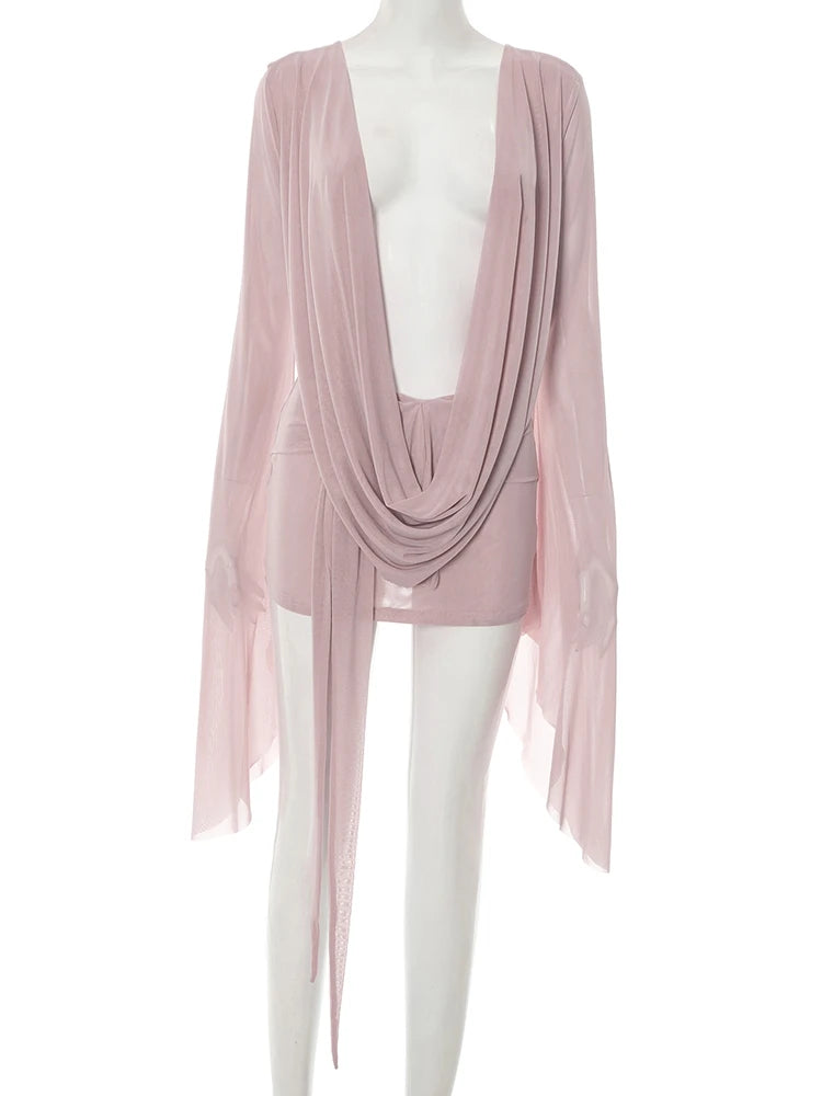 Barcelona Puss Halter Backless See Through Irregular Coquette Full Sleeve Sexy Midnight Dress