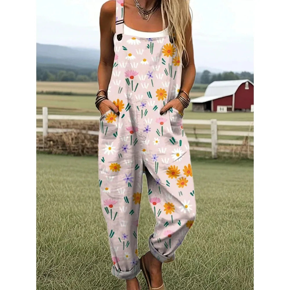 Summer Floral Romper Overalls Breathable & Comfortable Women's Jumpsuit with Pockets Adjustable Straps Romper for Streetwear