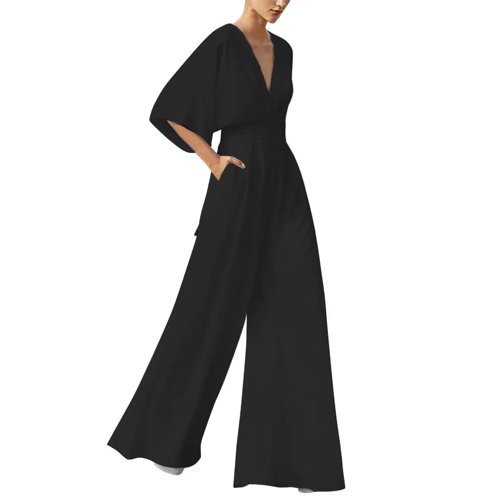 Deep V-Neck Half Solid Casual One-Piece