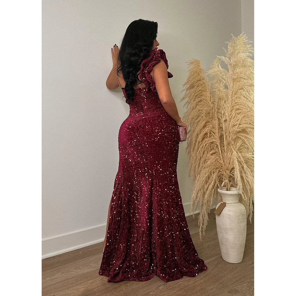 Trenton One Shoulder Open Back Sequined High Side Split Mermaid Maxi Dress