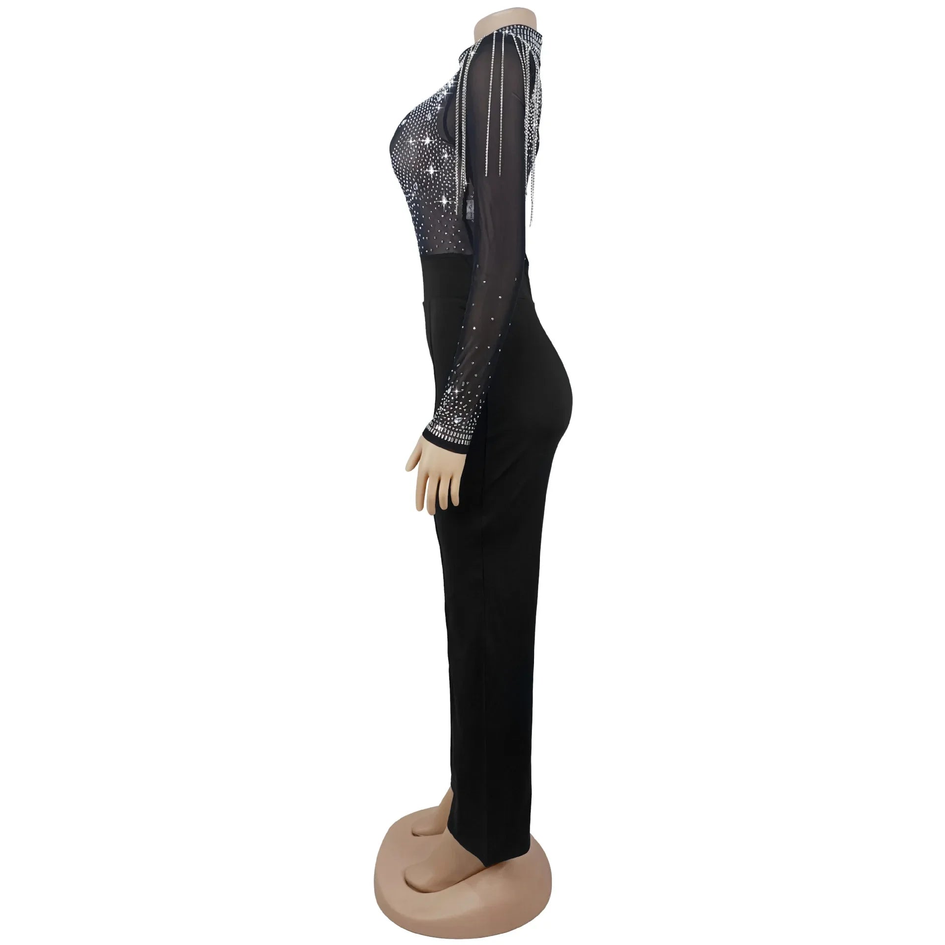 Lincoln Square Rhinestone Patchwork Mesh See Through Long Sleeves Jumpsuit