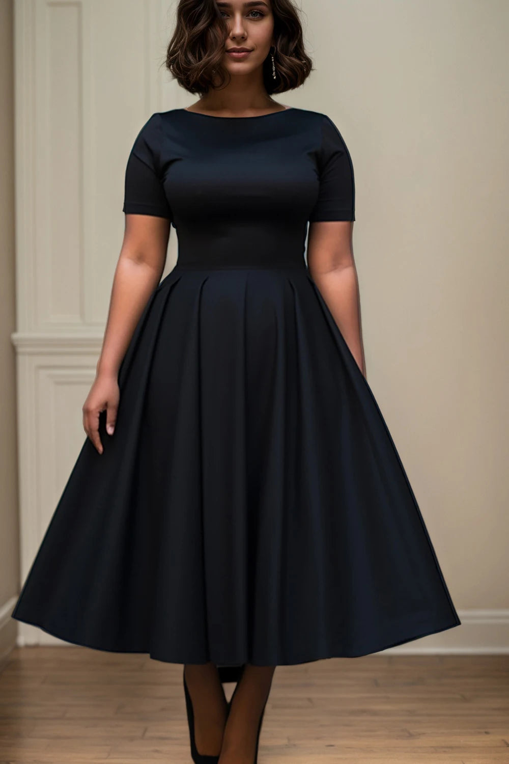 Maine Plus Size Casual Pleated A-Line Basic Round Neck Long Dress
