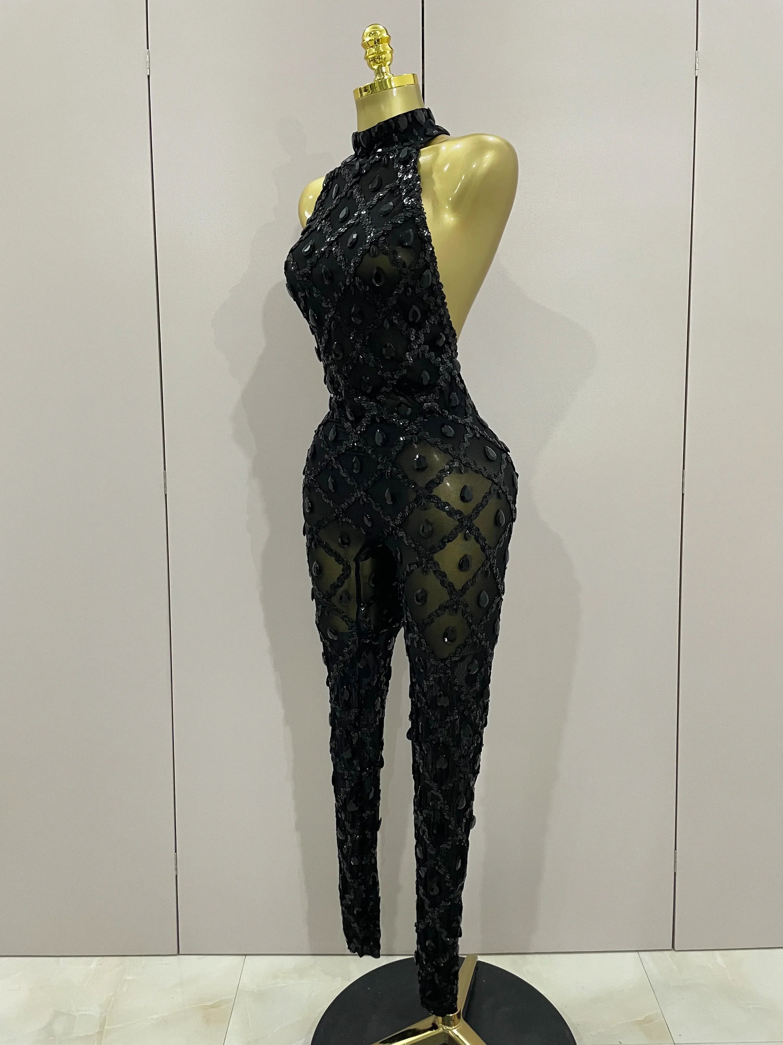 Scranton Sparkly Black Diamond Mesh See THhrough Jumpsuit