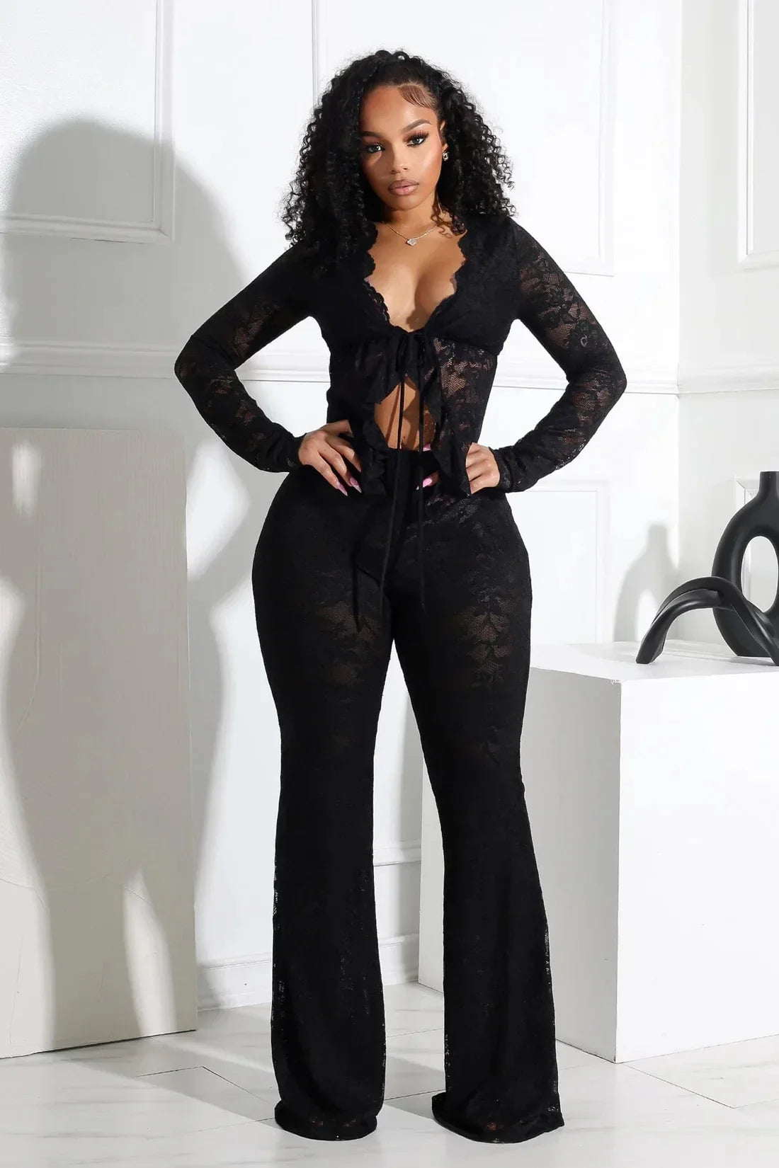 Nani Long Sleeve Lace See Through Two Piece Sets