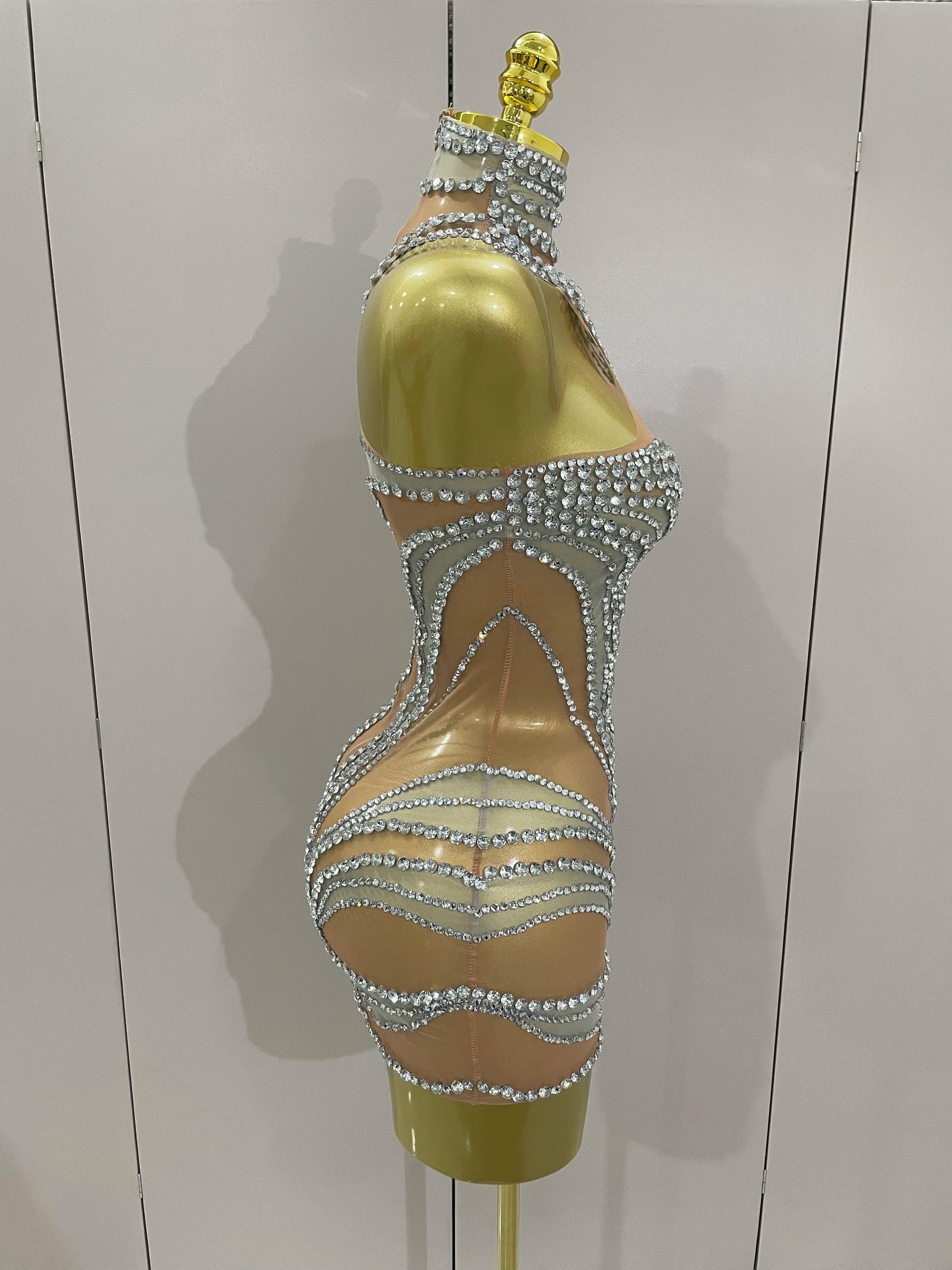 Morgantown Sparkly Crystals See Through Elegant Stage Mini Dress