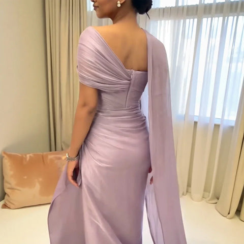 Mountainside Elegant One Shoulder Evening with Draped Cape Arabic Dress