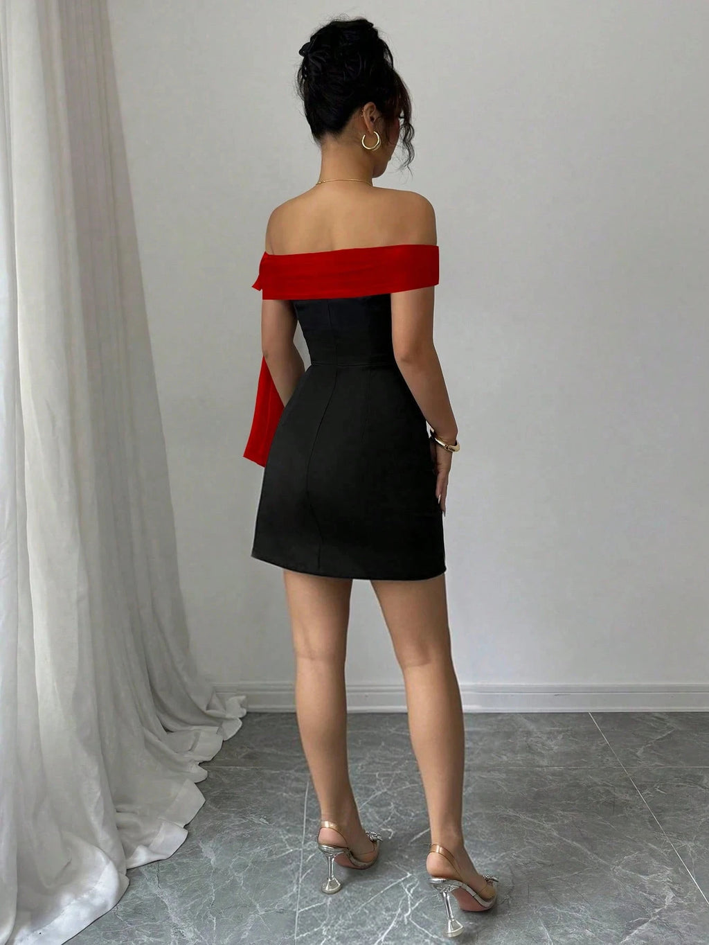 Off Shoulder Red Big Bow Spliced Bodycon Short Elegant Slim Fit Black Little Mini Dress