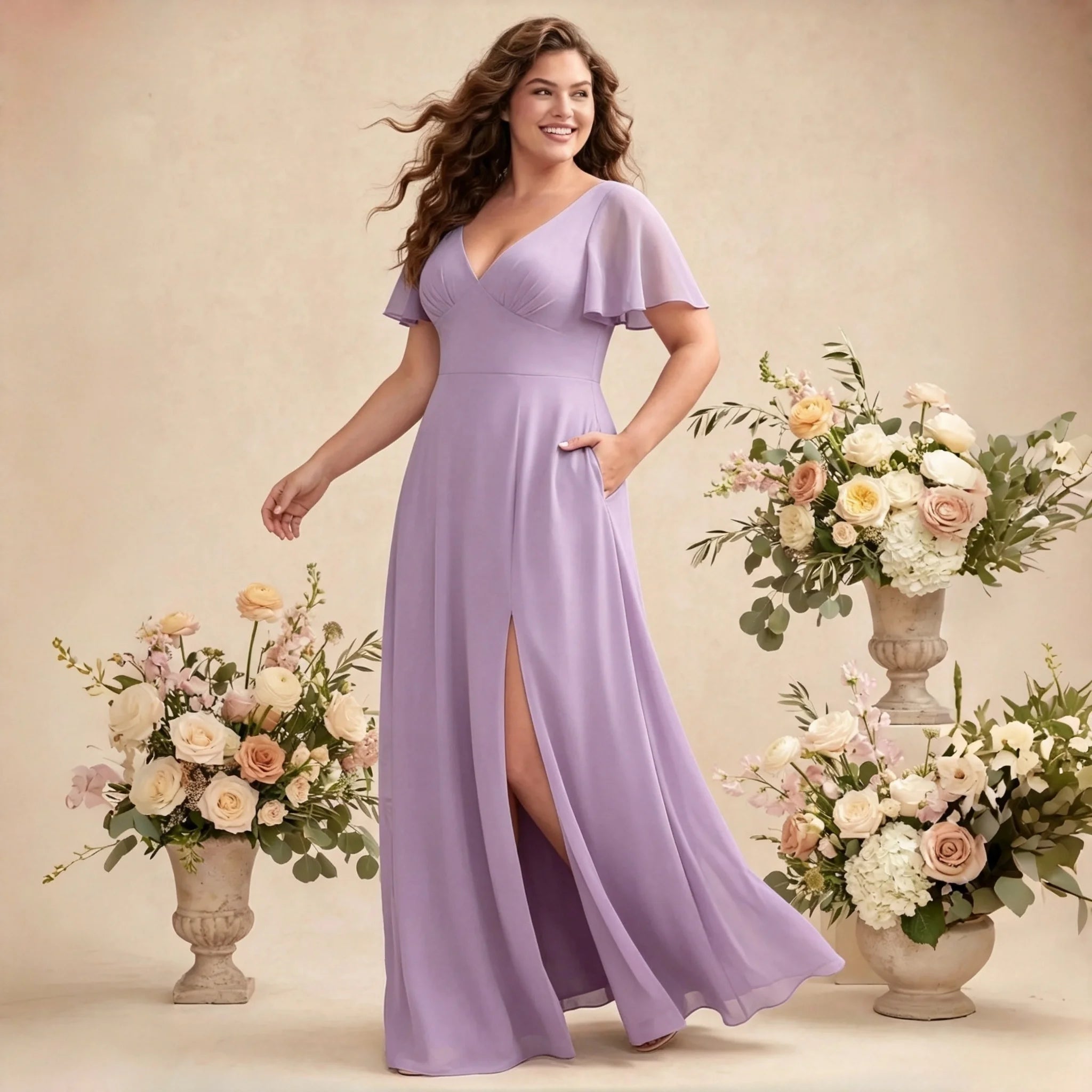 Irvington Green Plus Size Chiffon Bridesmaid Deep V Neck Flutter Sleeves Hidden Pockets Dress