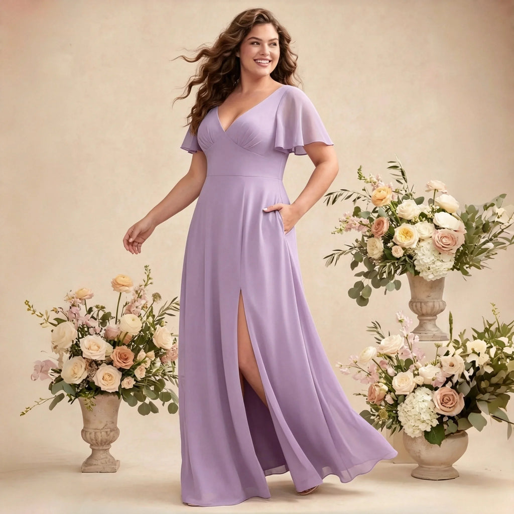 Irvington Green Plus Size Chiffon Bridesmaid Deep V Neck Flutter Sleeves Hidden Pockets Dress