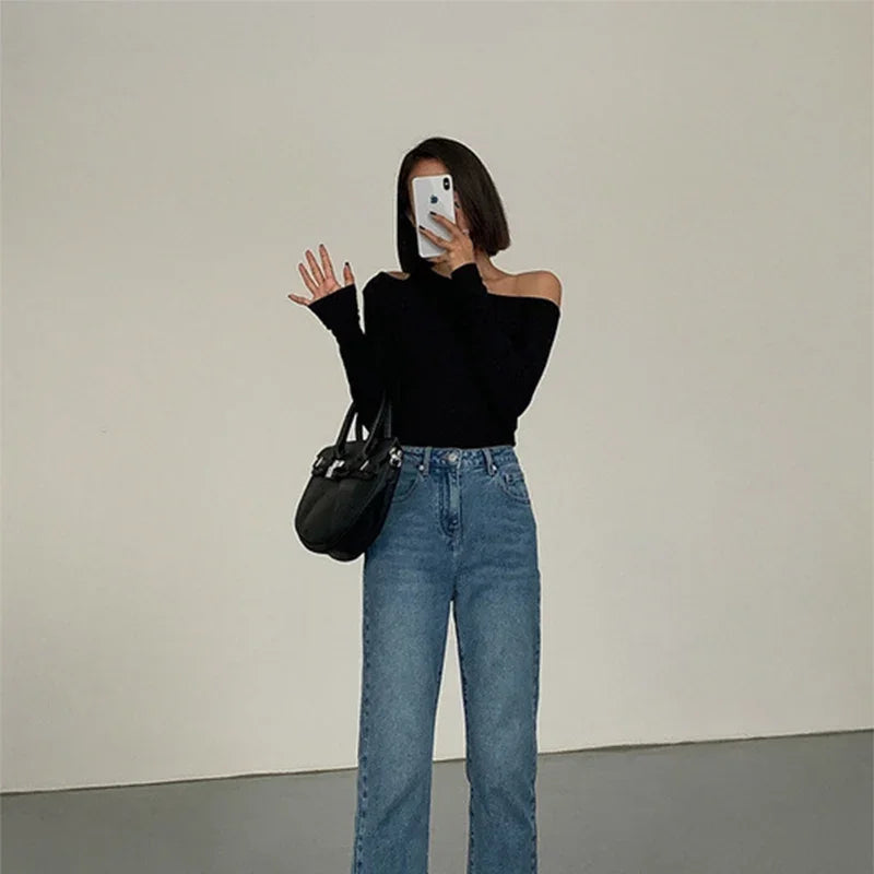 Union City Skew Collar Off Shoulder Long Sleeved T Shirts New Solid Slim Fit Crop Top