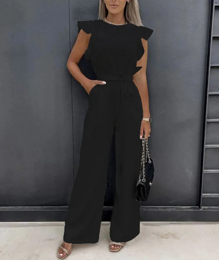 Jumpsuit with Lace Up High Waist Elegant Women's Solid Color Straight Tube Fashionable Ruffle Edge Sleeves Dating Jumpsuit