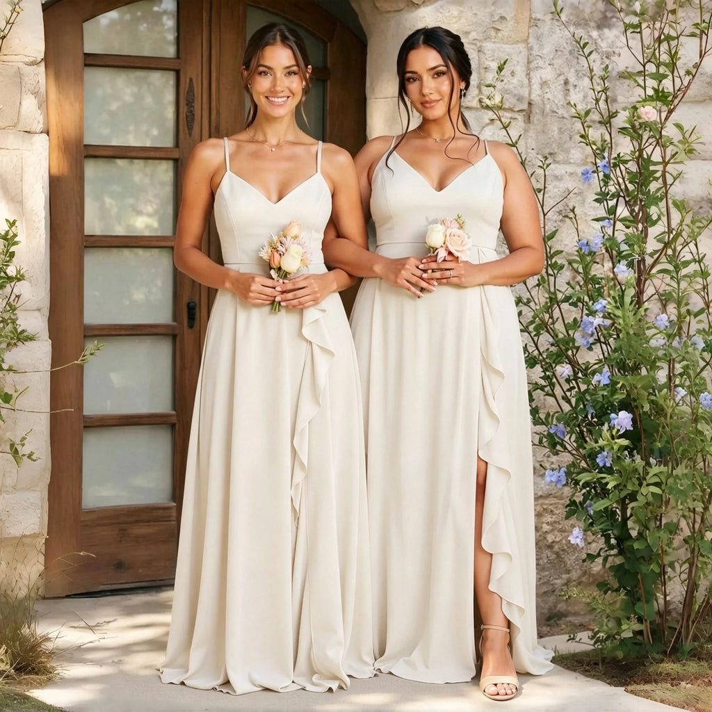 Alma Chiffon Bridesmaid Spaghetti Strap V Neck Cascading Ruffle High Side Slit A Line Dress