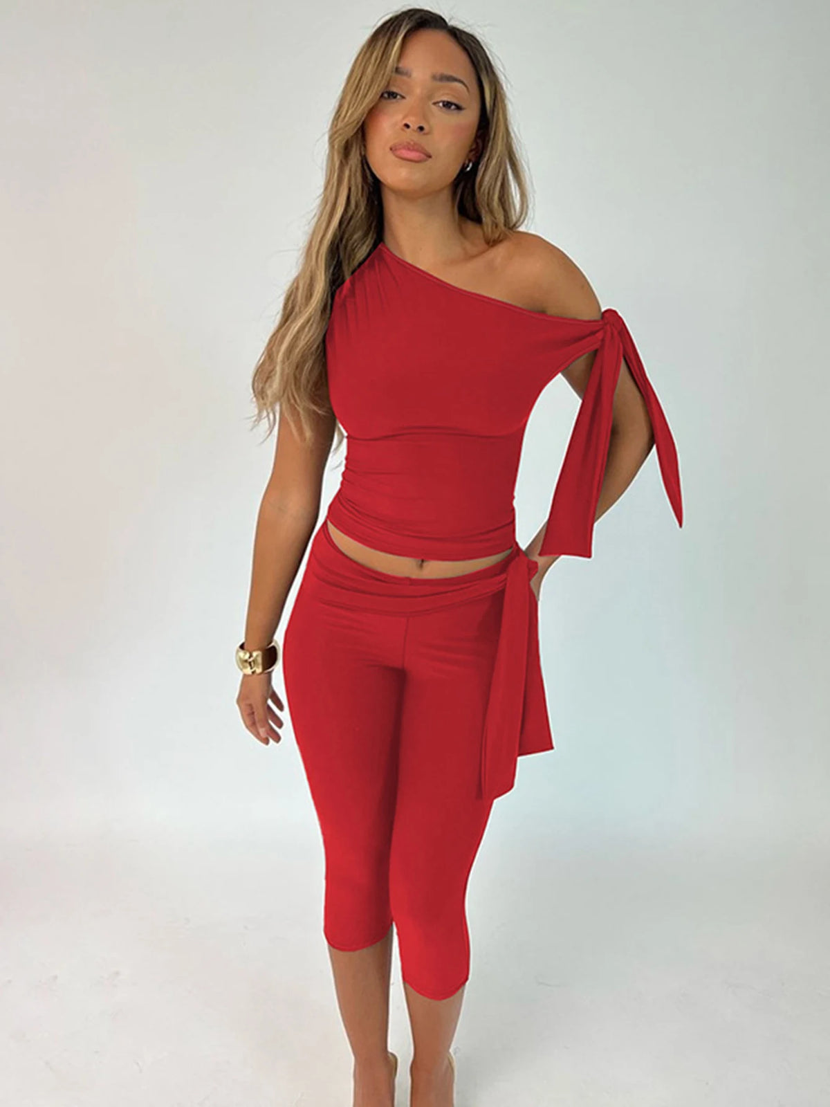 Joana Solid One Shoulder Sleeveless Two Piece Sets
