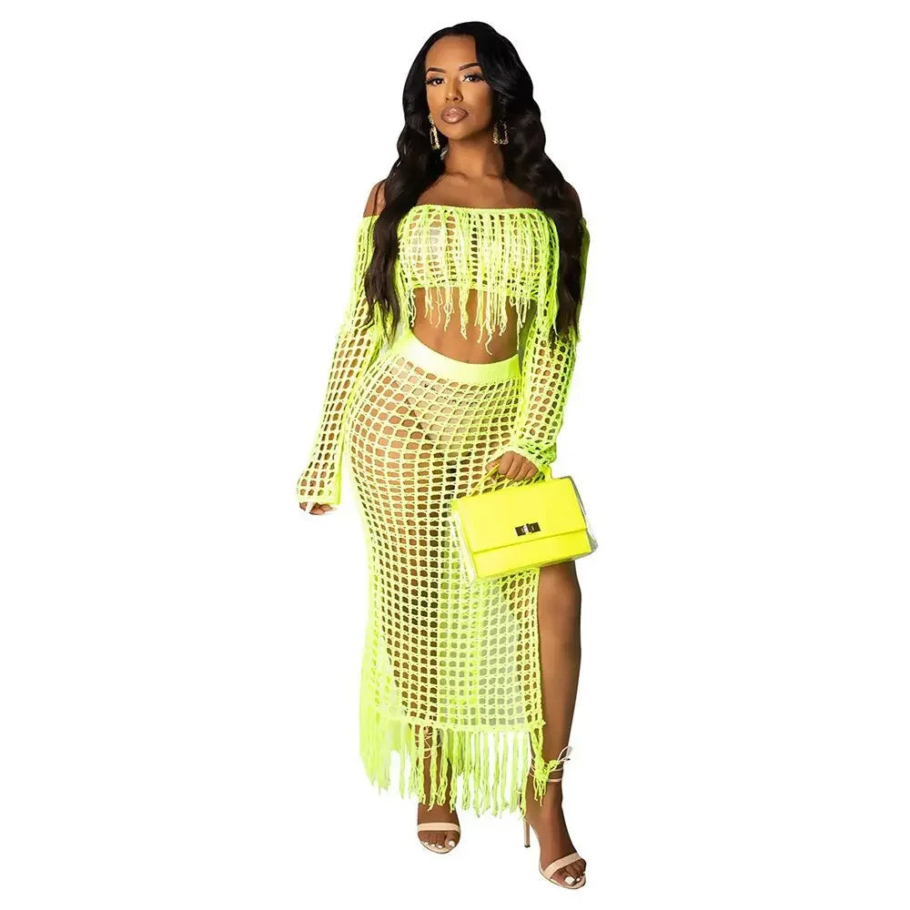 Off Shoulder Tassel Hollow Out Beach Set
