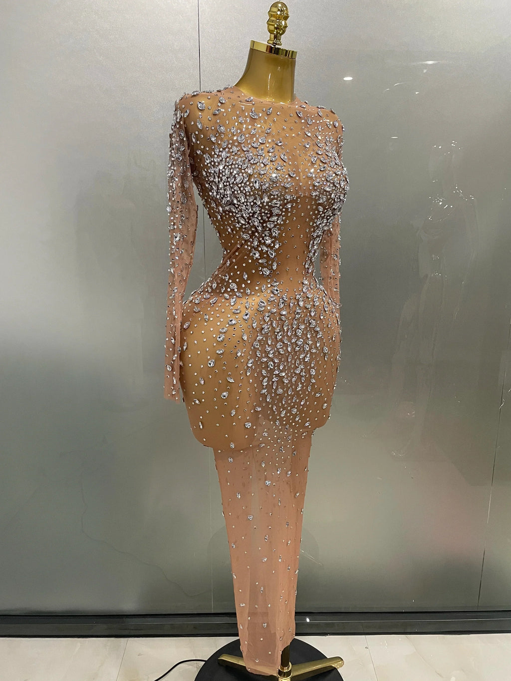 Cumberland Shinny Rhinestone Stretch Mesh Transparent Long Dress