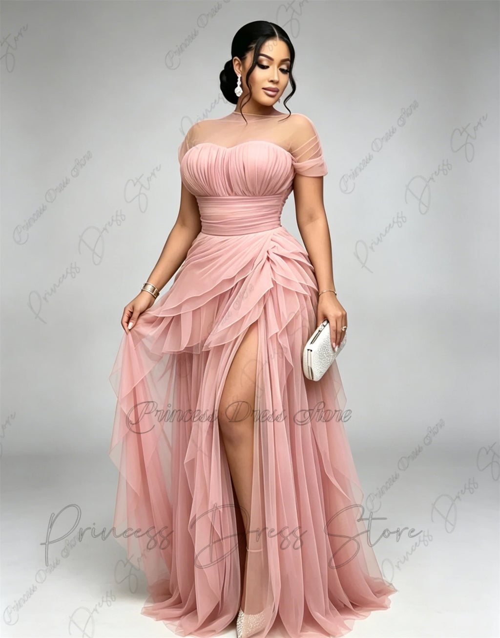 Bani Elegant Pleats Tulle Split Long Evening Gowns Birthday Party Dress