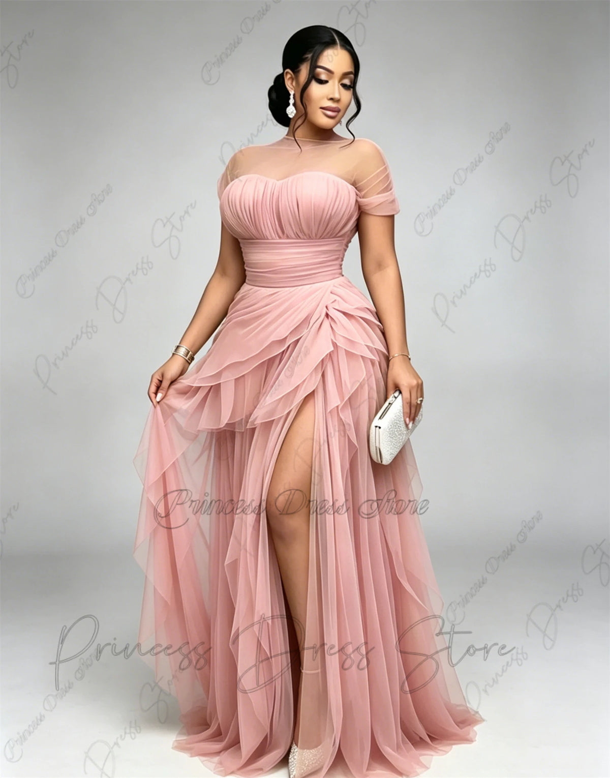 Bani Elegant Pleats Tulle Split Long Evening Gowns Birthday Party Dress