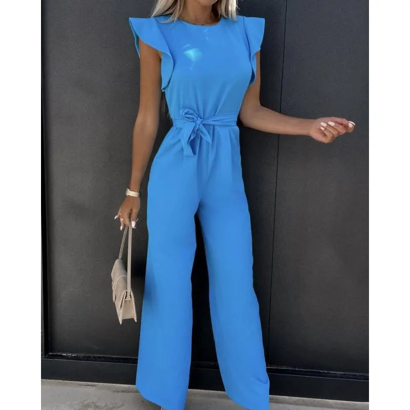 Jumpsuit with Lace Up High Waist Elegant Women's Solid Color Straight Tube Fashionable Ruffle Edge Sleeves Dating Jumpsuit