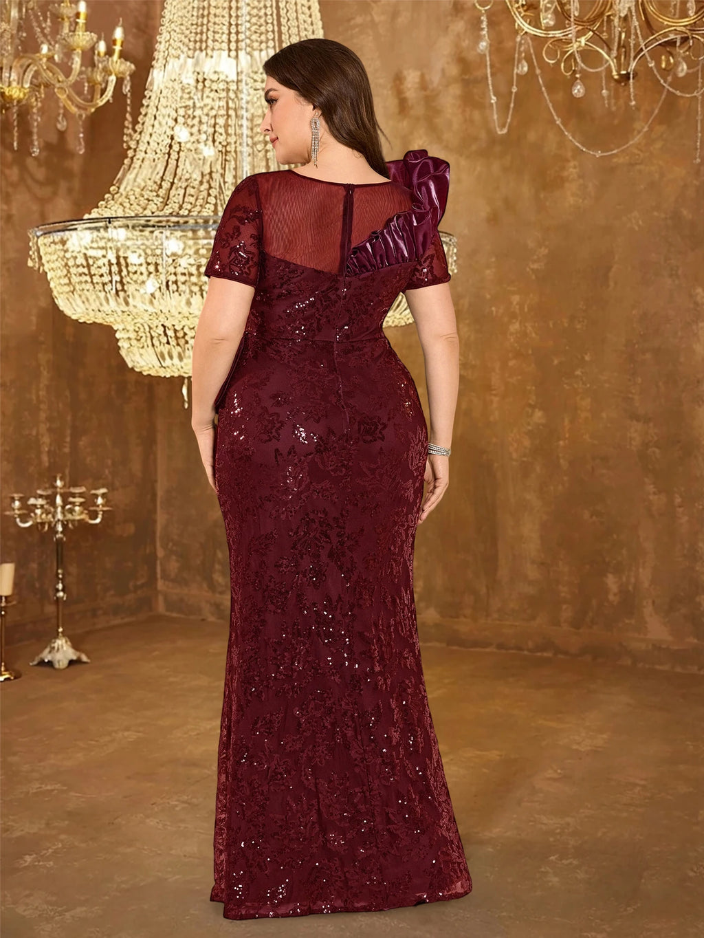 Paris Plus Size Black Luxury Ruffled Sequins Evening Elegant Long Sleeve Mermaid Dress