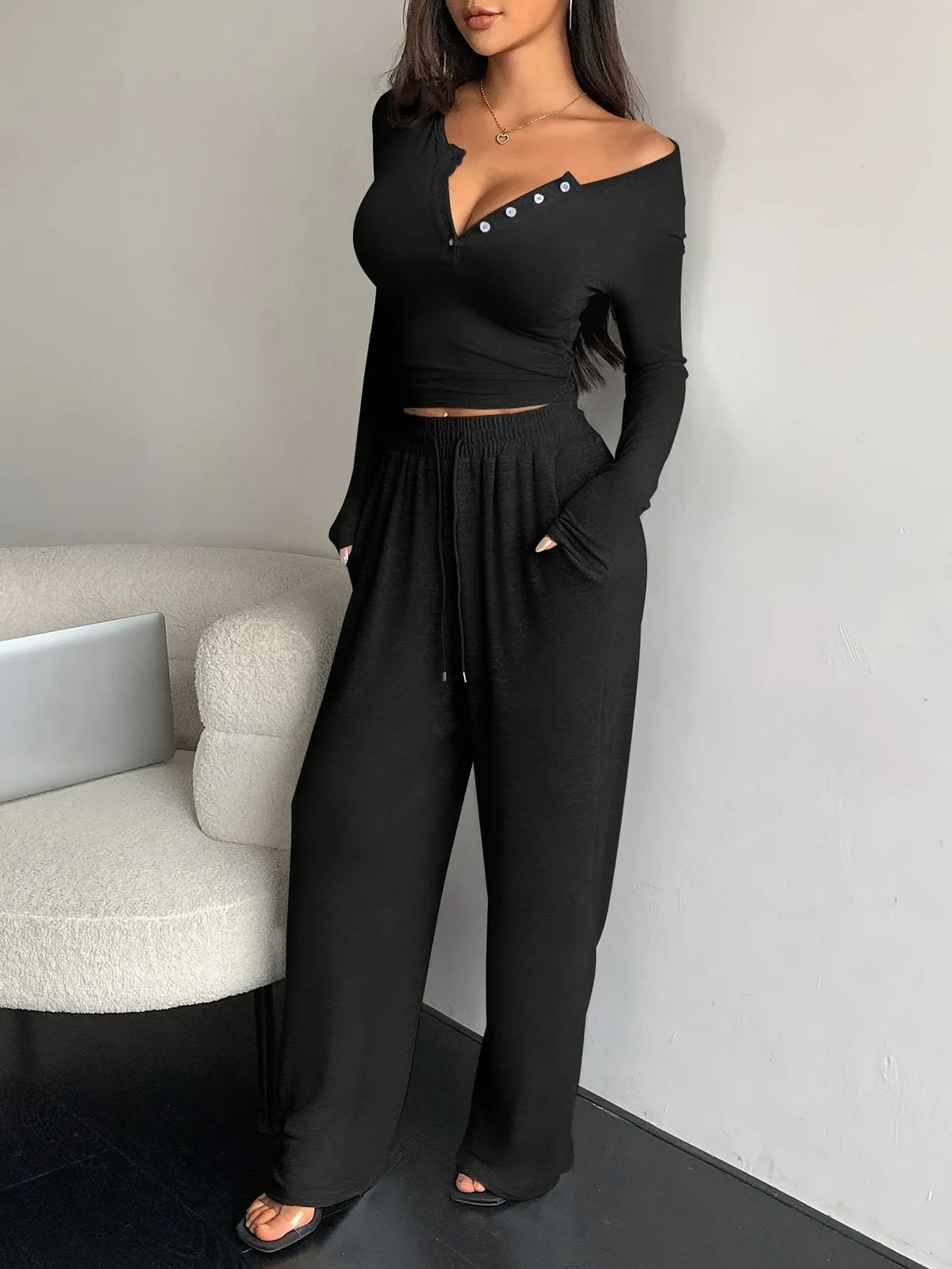 Leah V-neck Long-sleeved Trousers Two-piece Sets