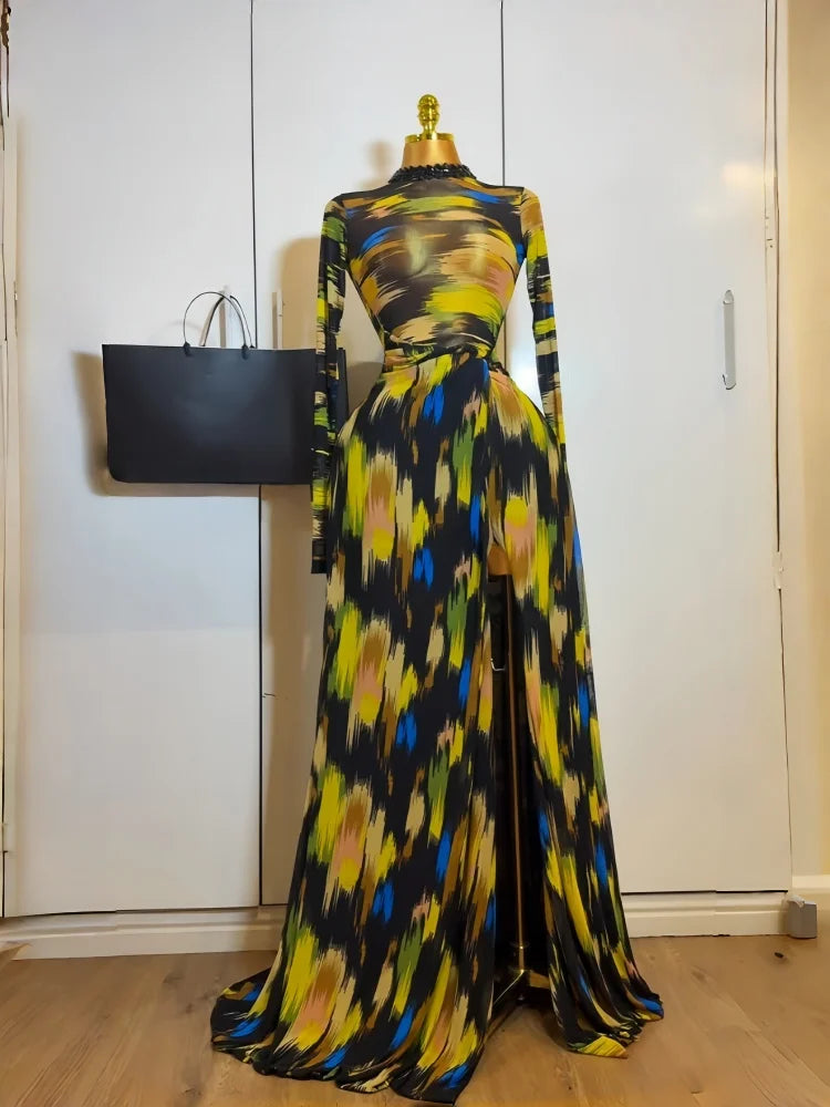 Hollow Out O-neck Long Sleeve Bodycon Maxi Long Dress