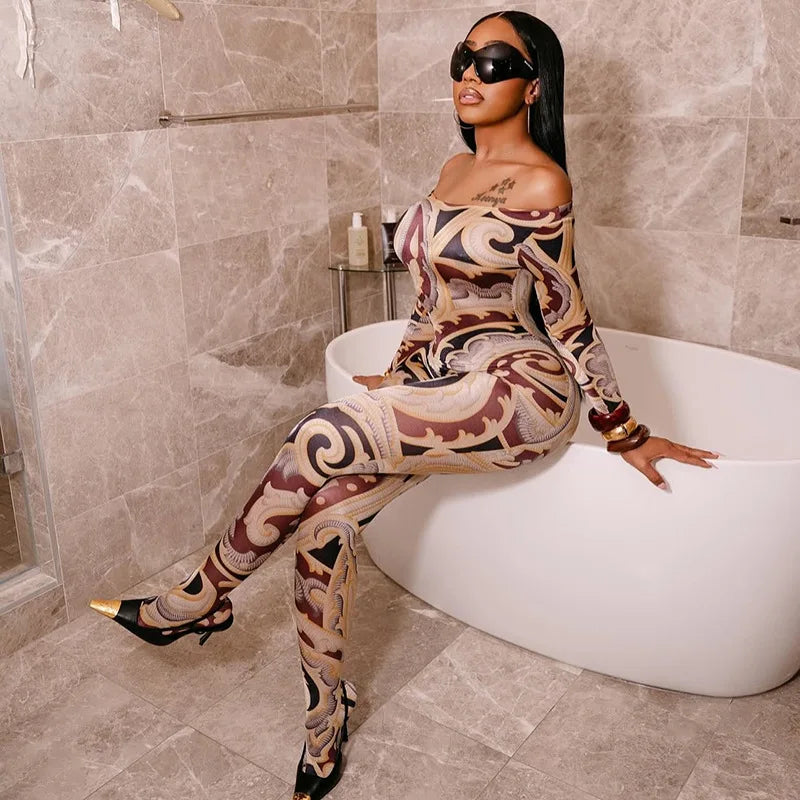 Soho Print One Shoulder Long Slimming Cross Border Jumpsuit