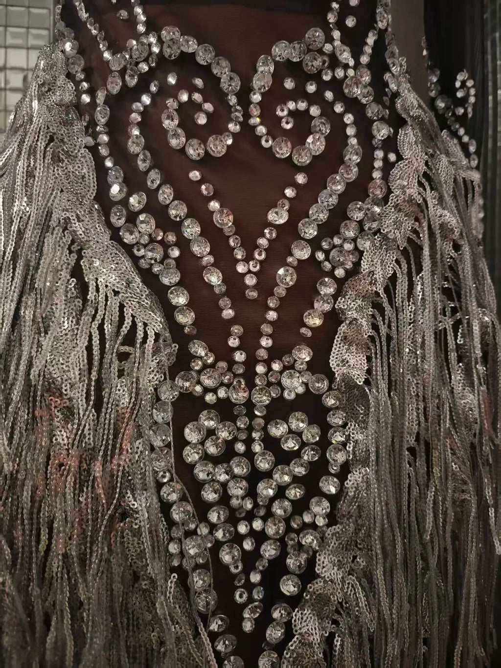 Carbondale Sparkly Rhinestone Tassel See Through Mesh Mini Dress