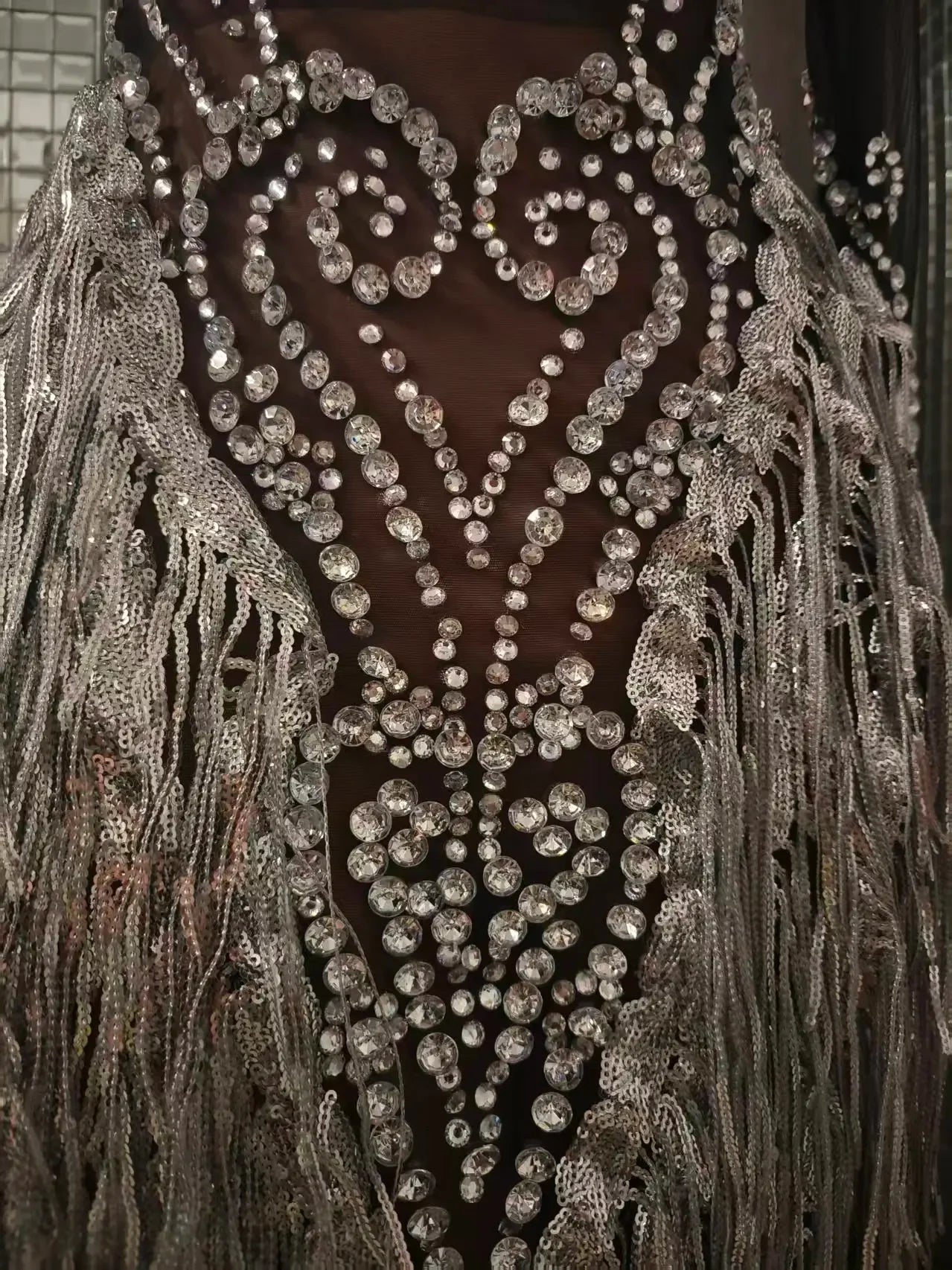 Carbondale Sparkly Rhinestone Tassel See Through Mesh Mini Dress