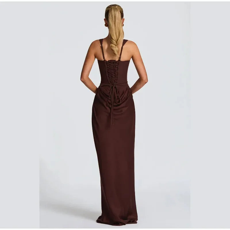 Tapansee Solid Sexy Pleated Strapless Off Shoulder Backless High Waist Split Maxi Dress