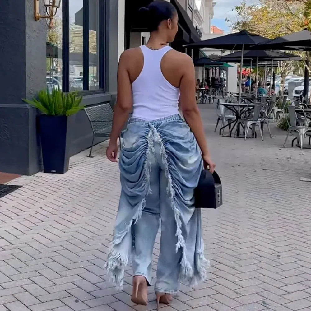 Absecon Ruched Frayed Trim Casual Contrast High Street Vintage Casual Asymmetric Denim