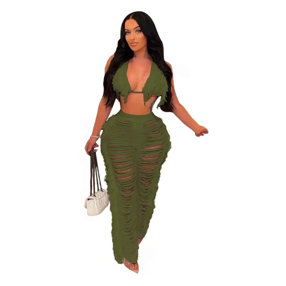 Maya Sexy Beach Tassel Crop Hole Wide Leg Two Piece Sets