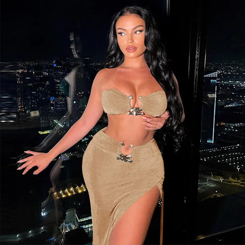 Nahomi Velvet Sexy Strapless High Waist Slit Two Piece Sets
