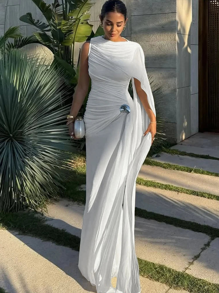 Linden Elegant Ruched O Neck Sleeveless Irregular Ribbon Metal Trim Classic Dress