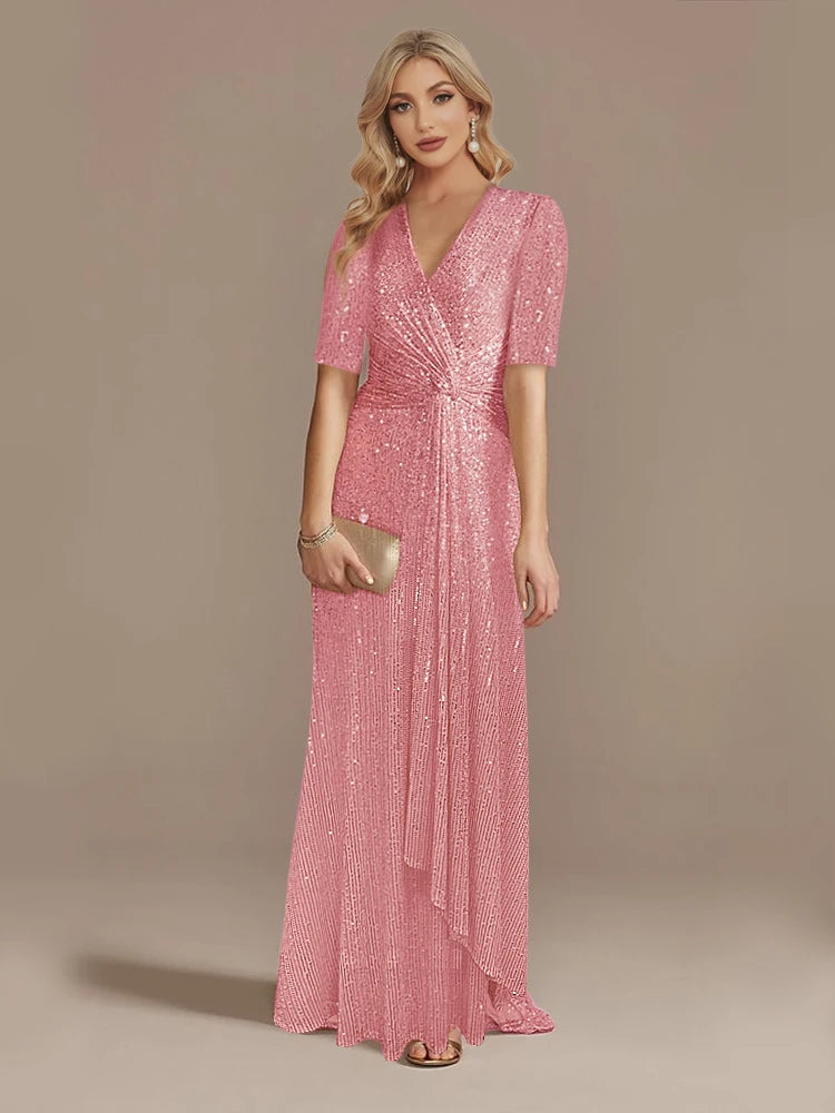 Columbus Luxury Pink Floor Length V Neck Evening Sequin Maxi Dress