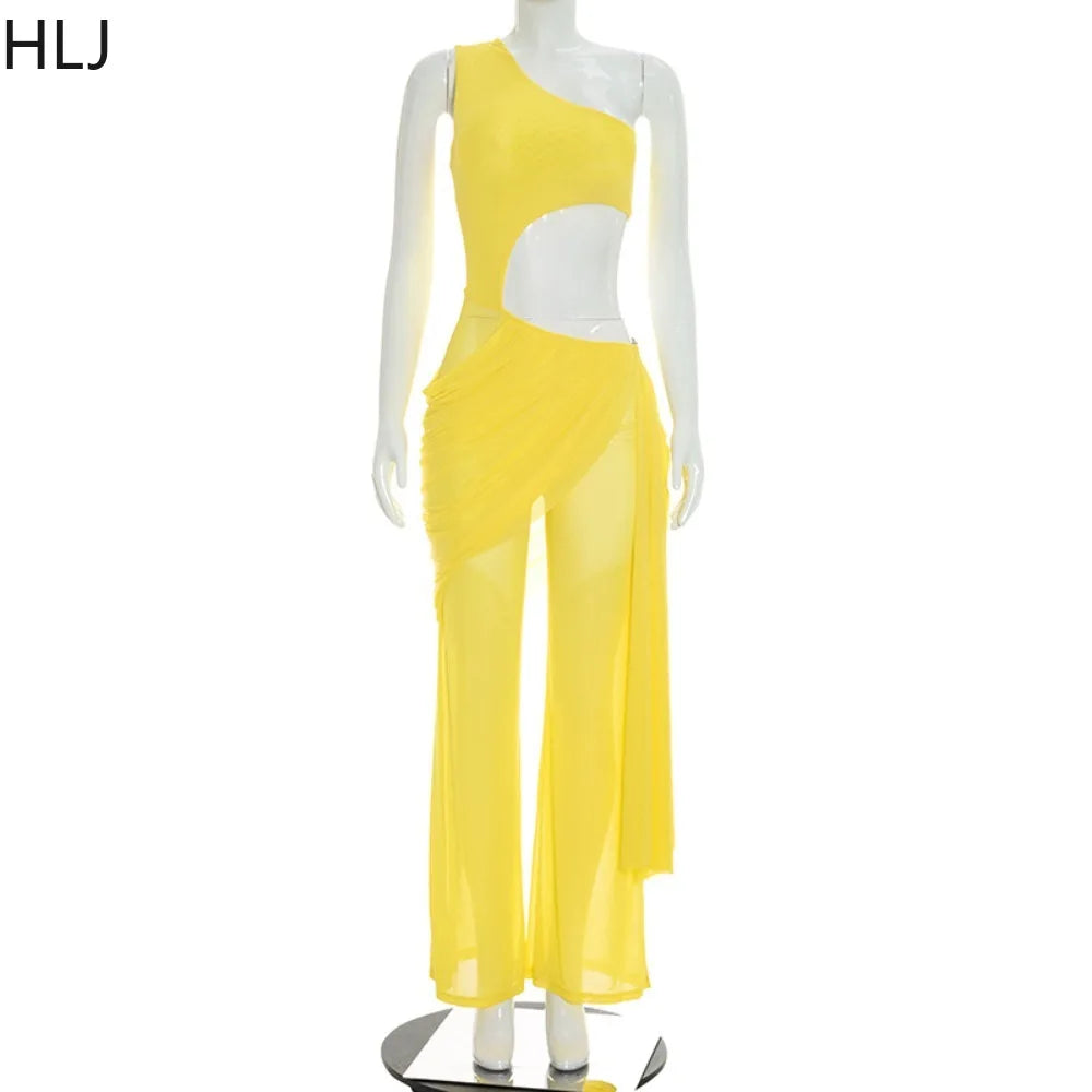 Alabama Mesh See Through One Shoulder Cutout Waist Jumpsuit Draped Overlay