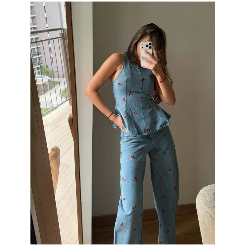 Viviana Denim Printed Sleeveless Two Piece Sets