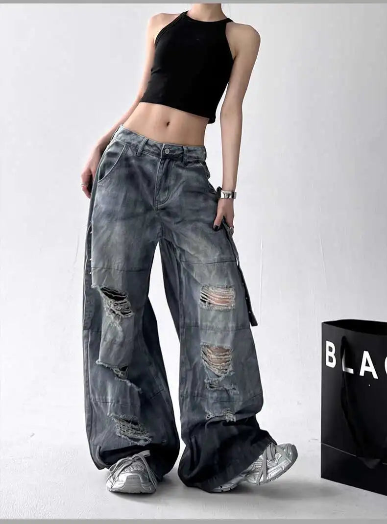 Jeans American High Street Ripped Straight Wide-Leg Jeans For Women Design