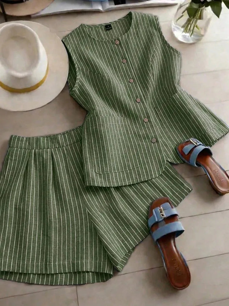 Yudy Summer New Striped Sleeveless Two Piece Sets