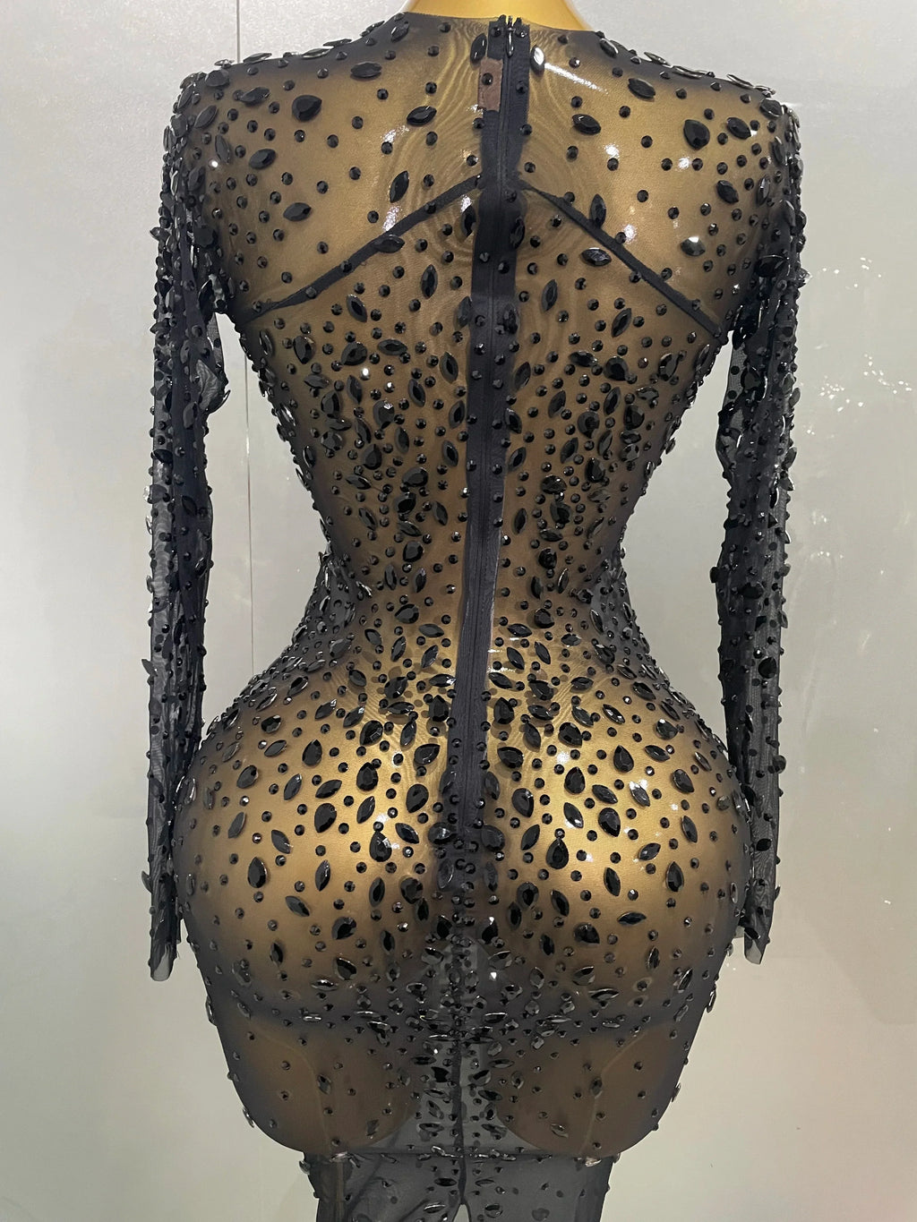 Cumberland Shinny Rhinestone Stretch Mesh Transparent Long Dress