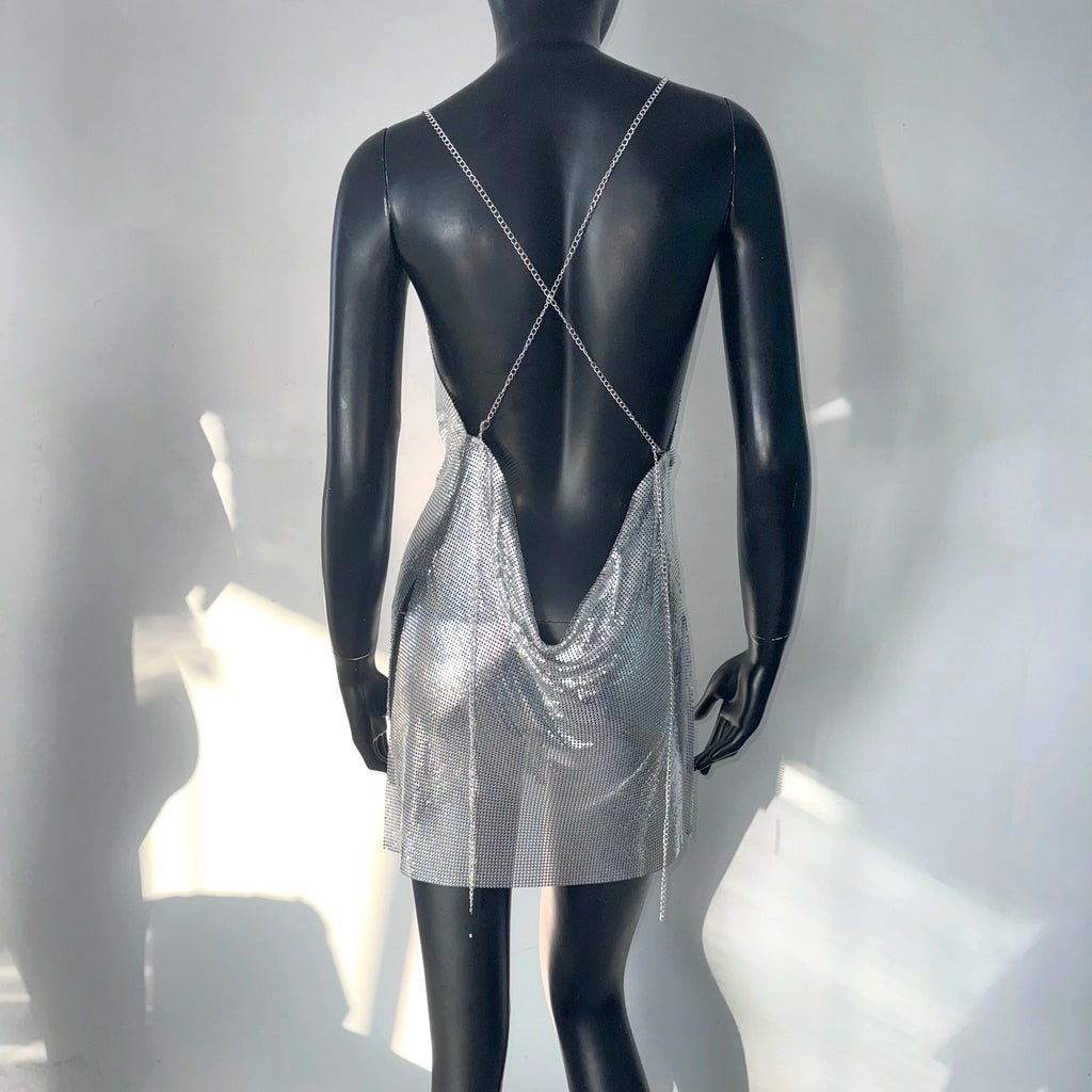 Mount Kisco Metal Sequins Backless Halter Neck V Neck Mini Dress