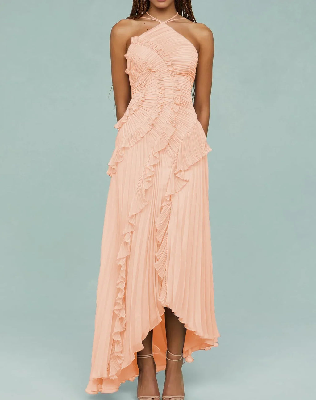 Indiana Ruffle Pleated Fashion Sleeveless Halter Irregular Tiered Pleated Maxi Dress