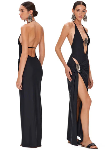 Champneuf Deep V Neck High Leg Backless Fashion Beachwear Outfits Set